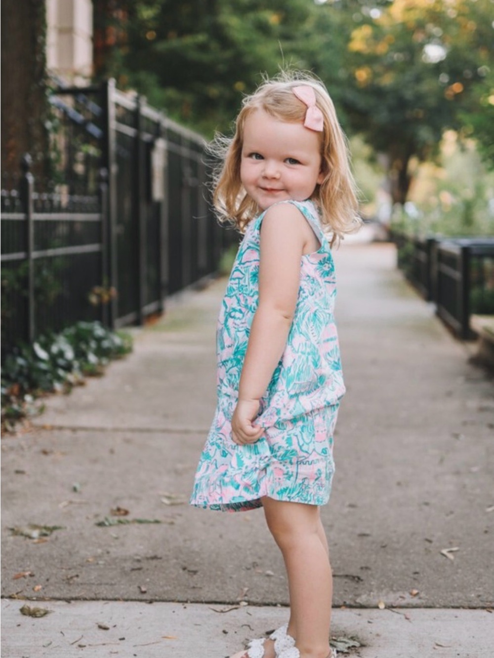 Lilly Pulitzer Pink Tag Tropical Print Dress with Teal & White Embroidery